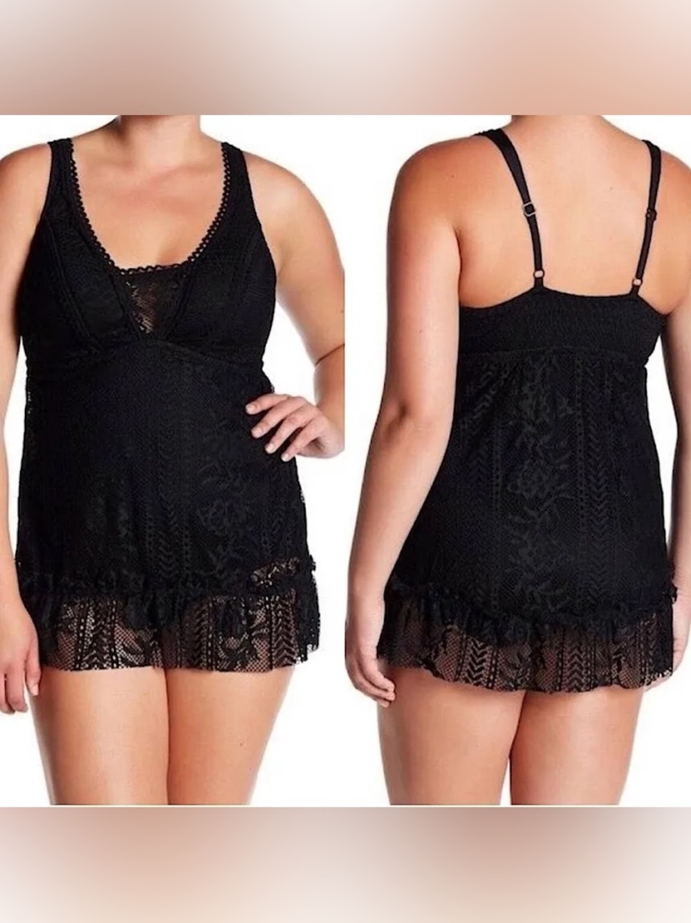 Becca Prairie Rose Lace Skirted One Piece Swimsuit Dress Black Plus Sz 1X 16-18